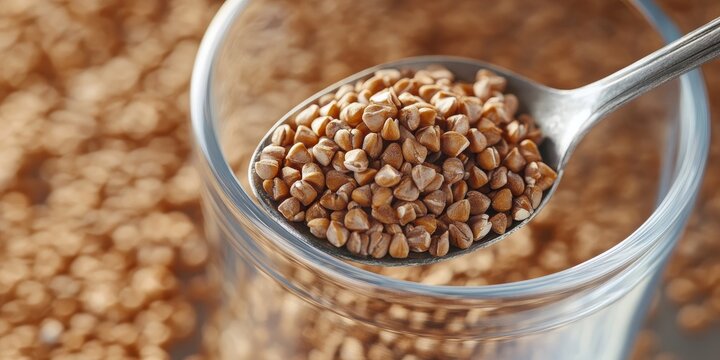 Brown buckwheat displayed in close up on a tablespoon within a glass, showcasing the unique texture and color of brown buckwheat, ideal for culinary and health related visuals.