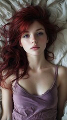Fototapeta premium A young woman with vibrant red hair and purple eyes lies on a bed, gazing serenely at the camera.