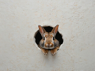A curious rabbit peeks through a hole in a large white wall.