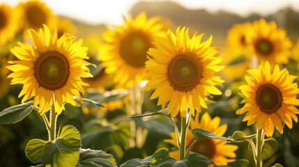 Obraz premium Field of blooming sunflowers and sunshine peaceful