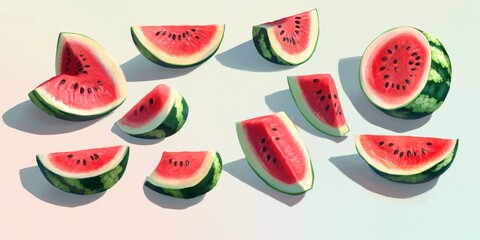 A collection of watermelon slices showcasing vibrant colors and textures, ideal as a food ingredient for meals, providing a tasty, juicy addition perfect for any dish or culinary presentation.