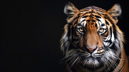 Fototapeta premium Head of sumateran tiger on black background face and copy space
