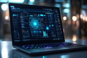 Fototapeta premium Chatbot Interface Display on Laptop with Glowing Design