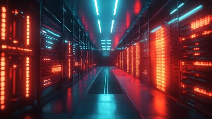Fototapeta premium Illuminated data center operations high-tech facility digital infrastructure futuristic environment perspective view connectivity concept