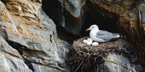 A seagull rests in a nest on eggs, showcasing the nesting behavior of Laridae on a rugged rocky shore. The presence of the seagull highlights the natural habitat and protection of the eggs.