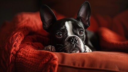 A black and white Boston Terrier rests on a cozy orange blanket, cute wallpaper photography for dog lovers