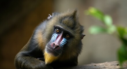 Obraz premium Mandrill's intense gaze in natural habitat for wildlife awareness campaign