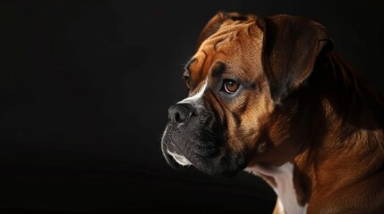 Obraz premium Close up of a brown Boxer dog against a dark background, showcasing its noble expression, cute wallpaper photography for dog lovers