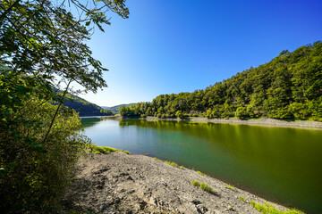View of the Edersee and the surrounding nature at the lake. Landscape in the Edertal.