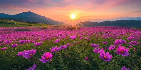 Obraz premium Vibrant cosmos flower field during a festival celebrating Kochia scoparia, showcasing the beauty and diversity of these stunning cosmos flowers in a breathtaking landscape.