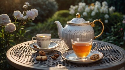 Fototapeta premium Serene Tea Time in Garden with Golden Hour and Vintage Teapot V4