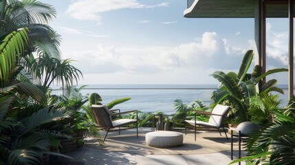 Fototapeta premium Ultra detailed balcony with a view of the ocean, minimalist white furniture