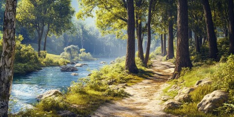 Fototapeta premium Scenic view along a wild forest trail beside a river in a tranquil park setting, highlighting the beauty of nature and the serene atmosphere of the wilderness in the forest trail experience.