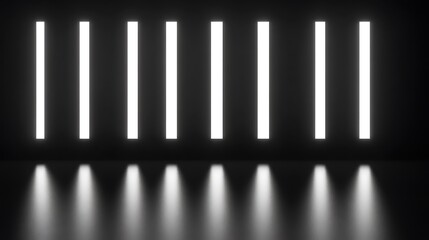 Bright white vertical lights illuminate a dark room.