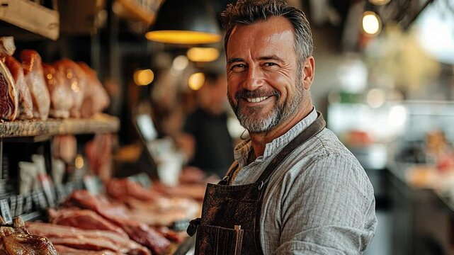 Smiling Butcher in a Traditional Shop: A friendly butcher with a genuine smile welcomes customers into his traditional butcher shop, showcasing a selection of fresh meats. - Powered by Adobe