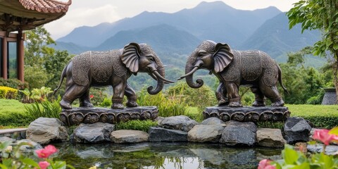 Fototapeta premium Elephant Pond Statue Set Amidst Majestic Mountain Landscapes, Showcasing the Unique Beauty of the Elephant Pond Statue and Its Serene Natural Surroundings in the Mountain Area.