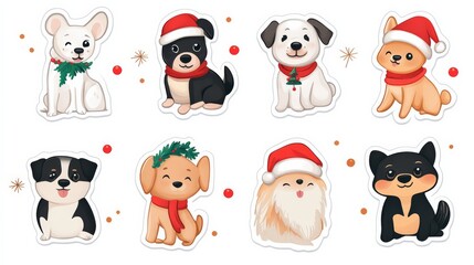 Naklejka premium Adorable Christmas Dog Stickers: Delightful, hand-drawn illustrations of eight adorable dogs in festive attire, perfect for holiday crafts, cards, and decorations.