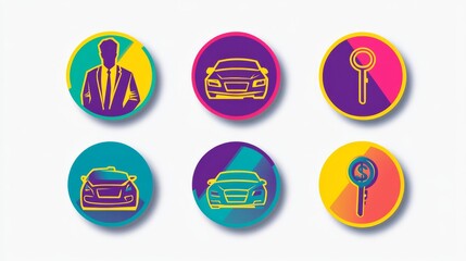 Fototapeta premium Colorful Car Service App Icon Set: Vibrant and modern icon set for a car service app, featuring a driver, car, and key icons in colorful circles with a trendy design. 