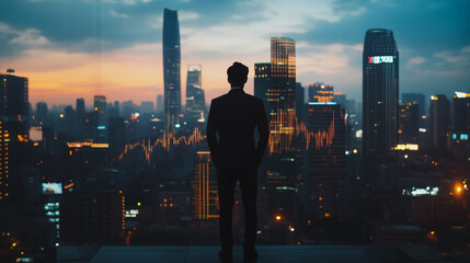 Naklejka premium Abstract business man stands on the peak of success amid tall, innovative Smart city and graphs with statistics to analyze business potential and predict future developments in company growth.
