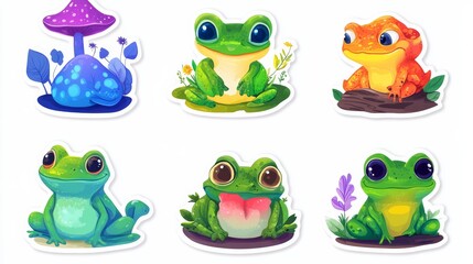 Obraz premium Adorable Froggy Friends: Six charming frog illustrations, each with unique colors and poses, sitting amidst whimsical flowers and mushrooms. Perfect for children's products, stickers.