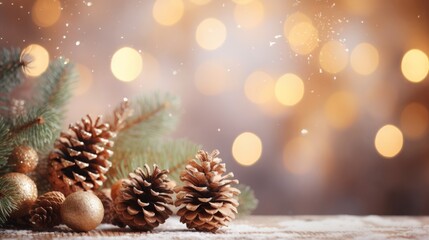 Obraz premium Christmas background with pine cones on defocused glowing bokeh background