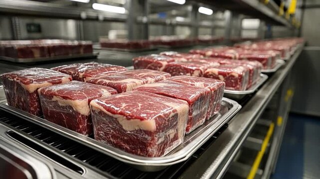 Meat Production Line: Rows of fresh, vacuum-sealed beef steaks move along a stainless steel conveyor belt, a glimpse into the meticulous process of meat production.  
