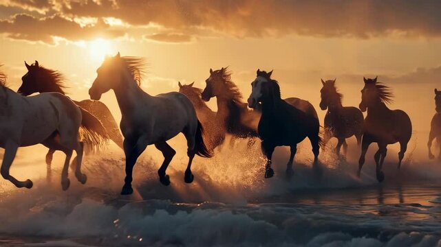Beautiful horses running on water on sunset beach