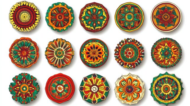 Vibrant Mandala Collection: A set of 18 intricate and colorful mandalas, each with unique patterns and designs. Perfect for adding a touch of bohemian or spiritual flair to your projects. 