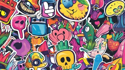 Fototapeta premium Colorful Graffiti Stickers: A vibrant and energetic collection of graffiti-style stickers, showcasing a kaleidoscope of colors, patterns, and playful designs. 