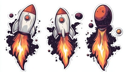 Fototapeta premium Rocket Launch Set: Three vibrant rockets blasting off into space, set against a backdrop of stars and planets. Perfect for branding, websites, and children's illustrations. 
