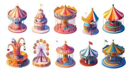 Obraz premium Carnival Fun: A vibrant collection of 10 hand-drawn carnival rides, including carousels, ferris wheels, and more, perfect for adding a touch of amusement and whimsy to your design projects.