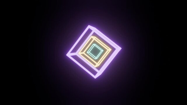 Psychedelic minimalist 3D render of three concentric wireframe cubes with glowing neon edges. Hypercube, tesseract