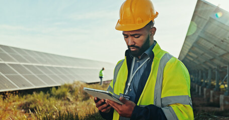 Solar panel, outdoor and man with tablet, engineering and thinking with online reading. Inspector,...