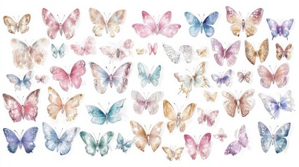 Pastel Butterfly Collection: A delicate watercolor collection of butterflies in soft pastel hues, perfect for adding a touch of whimsy and elegance to any design project.  