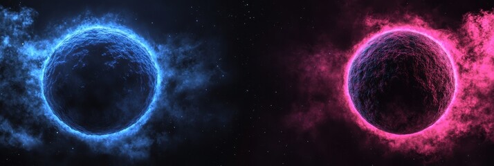 青とピンクの光に包まれた幻想的な球体が宇宙空間に浮かんでいる様子