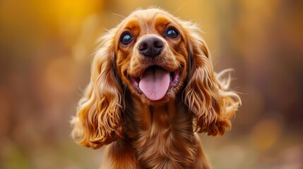 Naklejka premium Happy golden Cocker Spaniel with a big smile in a blurred autumn setting, cute wallpaper photography for dog lovers