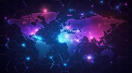 illustrations of dot connecting world map purple and blue hexagonal network pattern digital hi tech background. Digital innovation and technology concepts.