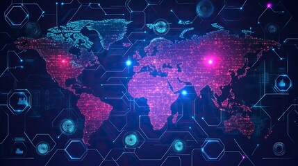 Obraz premium illustrations of dot connecting world map purple and blue hexagonal network pattern digital hi tech background. Digital innovation and technology concepts.