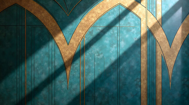 Art Deco revival featuring bold teal and bronze linear patterns on textured backdrop