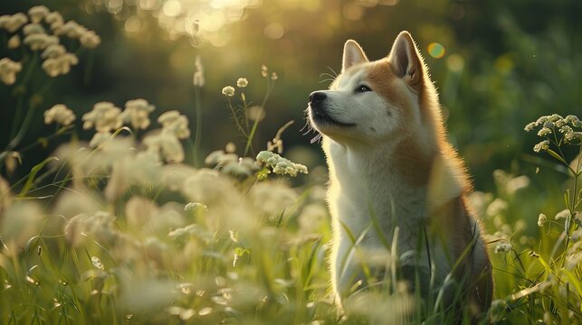 A serene Akita sitting gracefully in a field of blooming flowers at sunset, cute wallpaper photography for dog lovers
