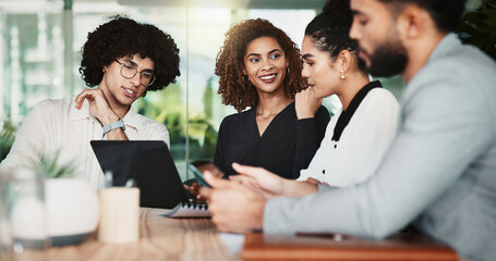 Collaboration, graphic design and laptop with business people in office for web development discussion. Computer, meeting and planning with employee team in workplace for project management strategy