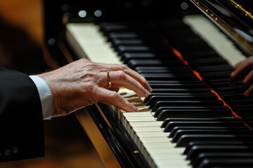 Obraz premium Pianist's hands playing an intricate melody on a grand piano concert hall close-up photography elegant environment artistic perspective for music lovers and enthusiasts