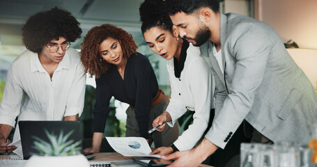 Collaboration, documents and project management with business people in office for design...