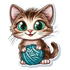 Fototapeta premium Adorable Kitten with Yarn Ball: A cute cartoon kitten with big, green eyes, a playful grin, and a blue yarn ball. Adorable and heartwarming.