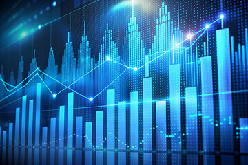Dynamic blue financial graph showcasing trends and data fluctuations with sharp peaks and troughs, symbolizing market analysis and performance insights.