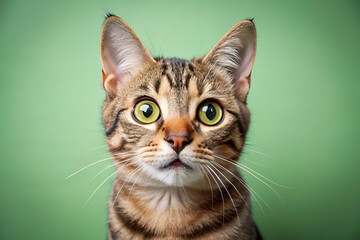 A curious tabby cat with striking green eyes poses against a vibrant green background, exuding charm and playfulness.