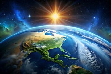 Fototapeta premium A stunning view of Earth from space, illuminated by a glowing sunrise, showcasing vibrant colors and atmospheric details.