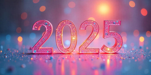 Colorful 2025 sign with festive lights creating a vibrant and cheerful ambiance