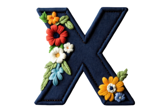 Embroidered letter X with colorful flowers, showcasing vibrant design and texture. Perfect for decorative purposes