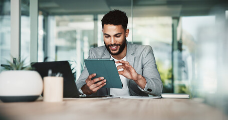 Research, smile and man with tablet, office and investigative journalism for newsroom and online....